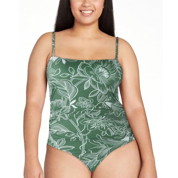 Cupshe Floral Print Shirred Cutout One Piece Swimsuit in Olive Sage Green Sz XL - Picture 1 of 9
